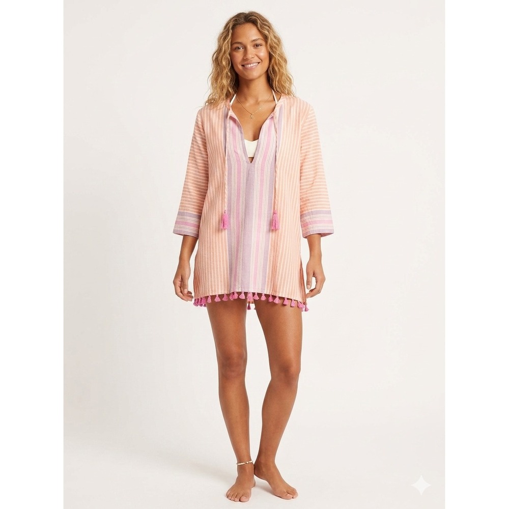 J.Crew Tunic Top Swimsuit Coverup XL Orange Pink Striped Linen Cotton Tassels - Picture 2 of 8